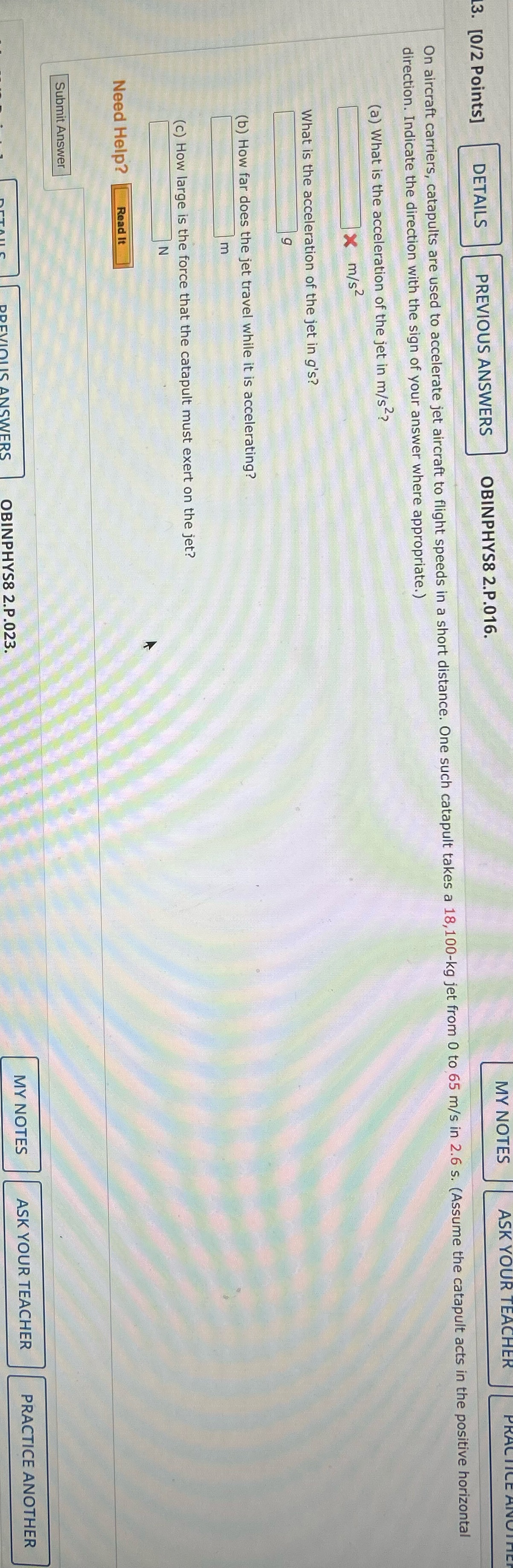  3. [0/2 Points] DETAILS PREVIOUS ANSWERS OBINPHYS8 2.P.016. MY NOTES On