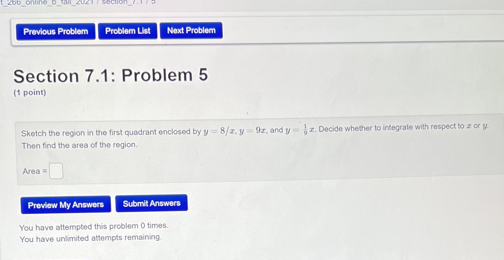  266 online b fall 2021 / section Previous Problem Problem List