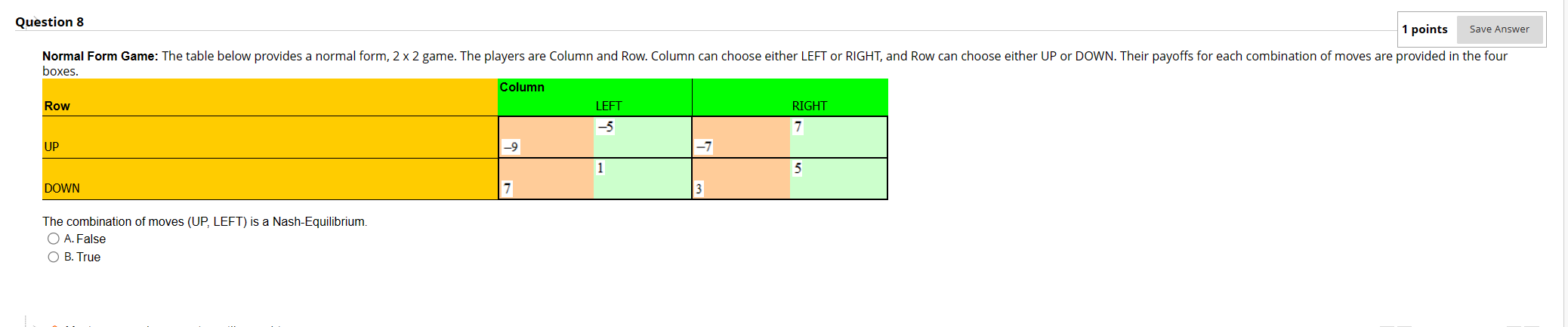 Question 8 1 points Save Answer Normal Form Game: The table