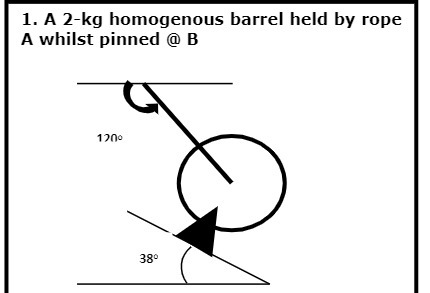 1. A 2-kg homogenous barrel held by rope A whilst pinned @