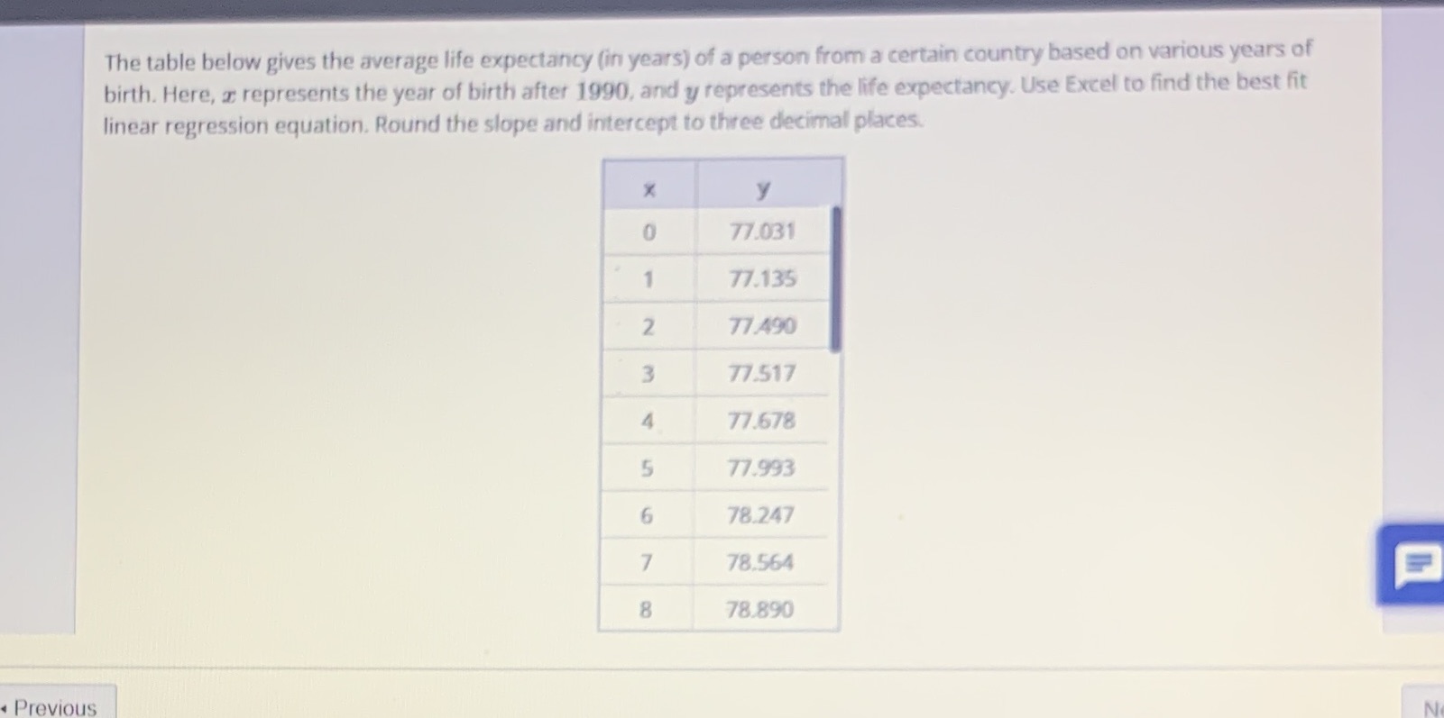  The table below gives the average life expectancy (in years) of