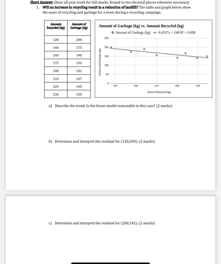  Short Answer Show all your work for full marks. Round to