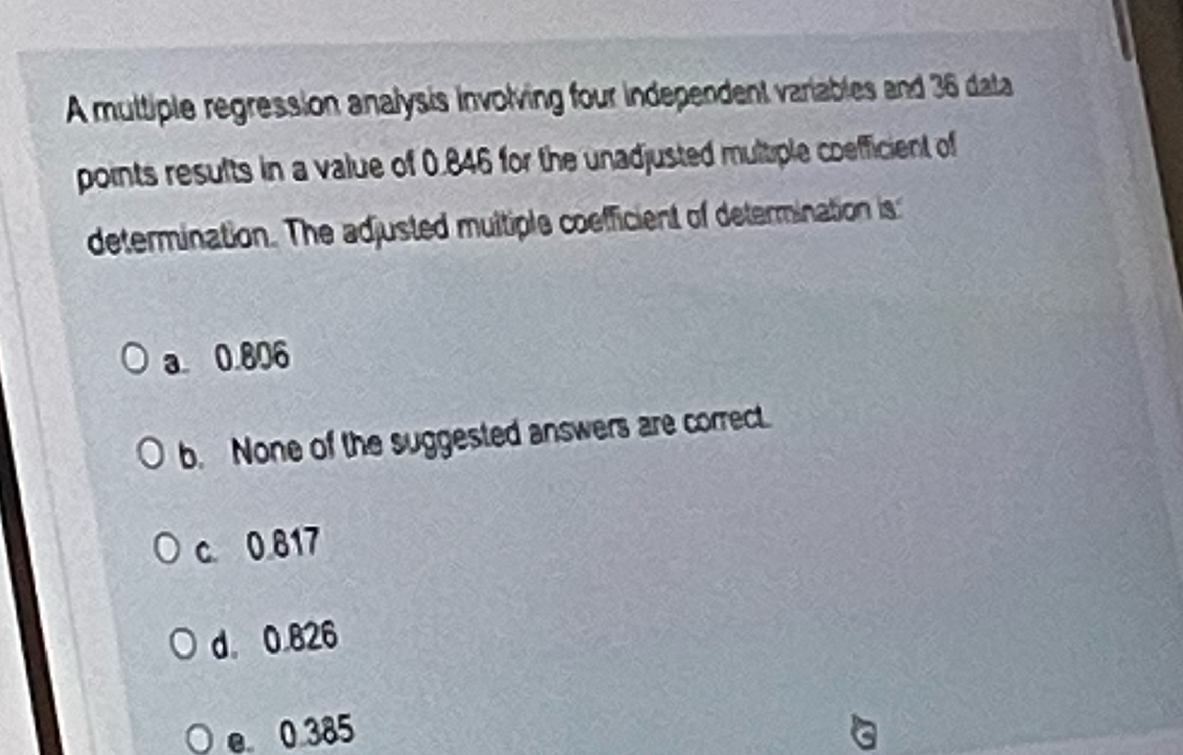 A multiple regression analysis Involving four Independent variables and 36 data