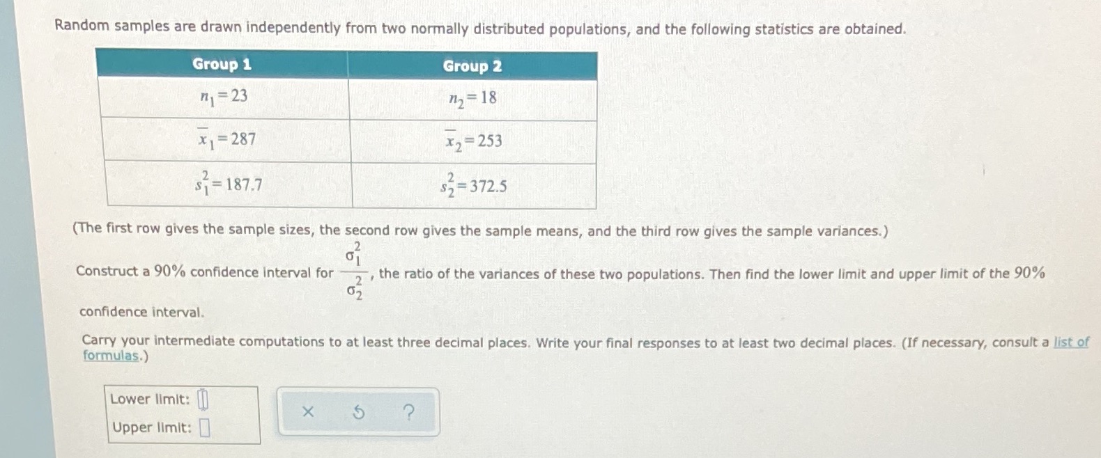  Random samples are drawn independently from two normally distributed populations, and