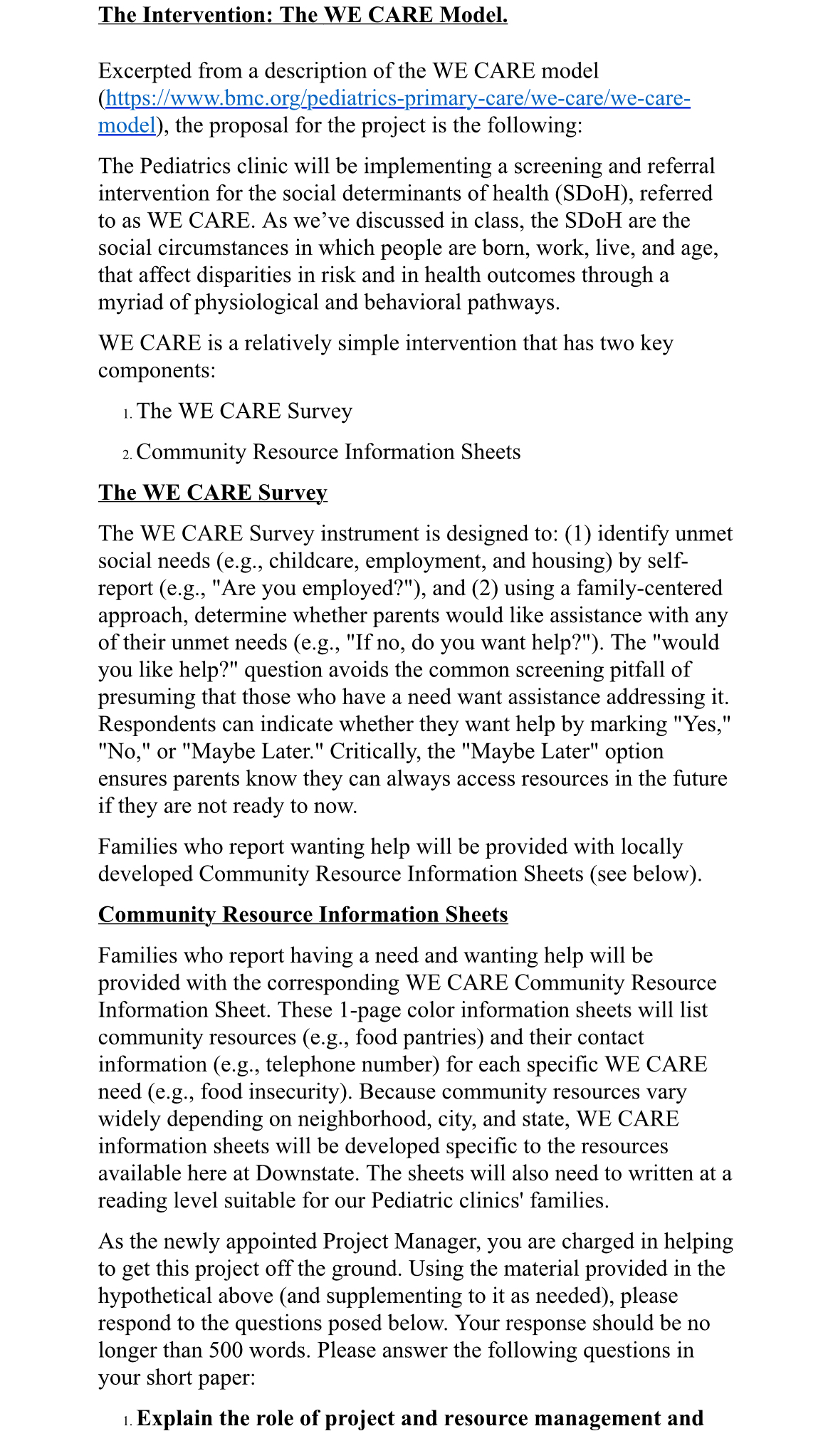  The Intervention: The WE CARE Model. Excerpted from a description of