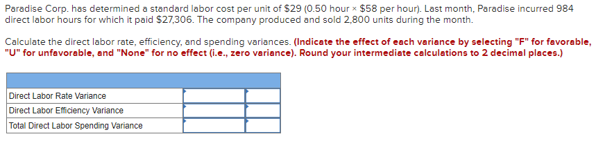 plz answer will thumbs up Paradise Corp. has determined a standard labor