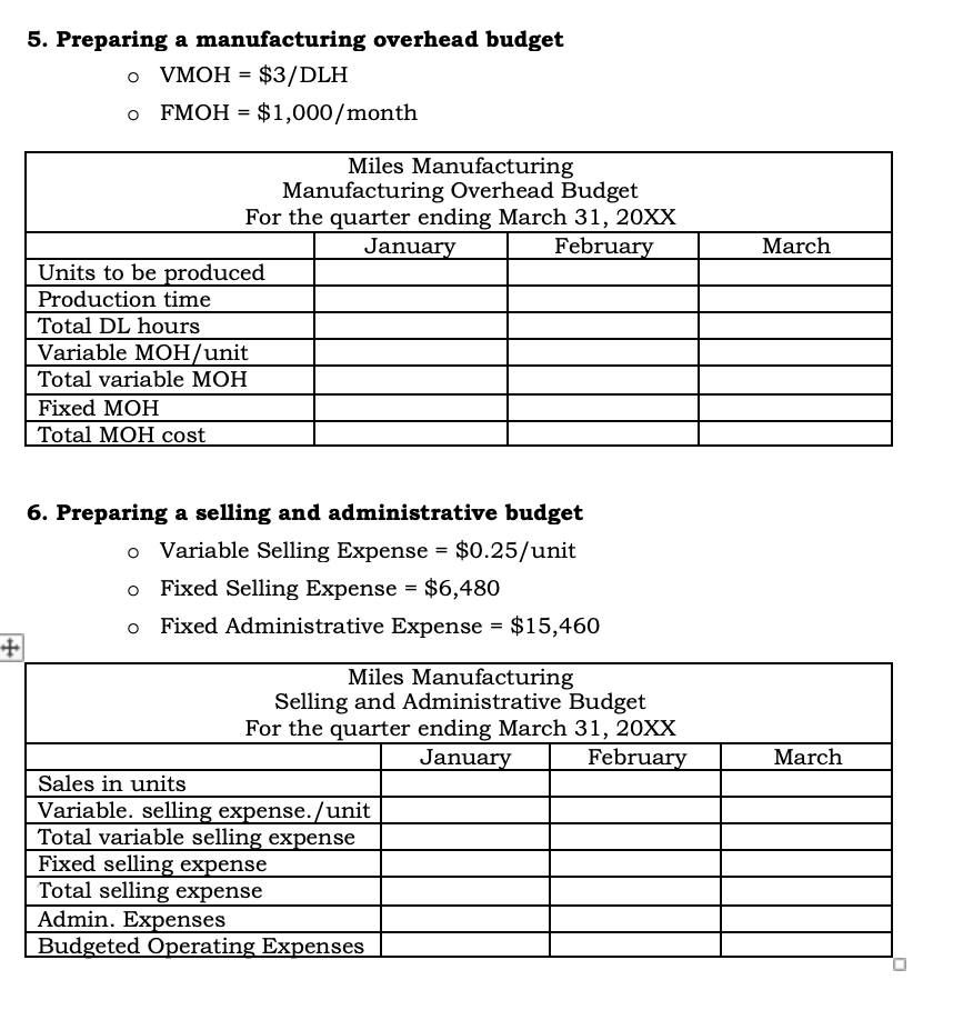 5. Preparing a manufacturing overhead budget VMOH = $3/DLH FMOH = $1,000/month