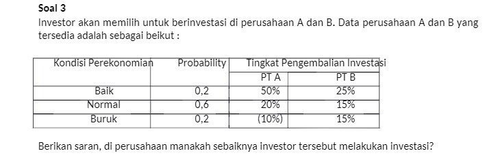 soal 3 Investor akan memilih untuk berinvestasi di perusahaan A dan B.