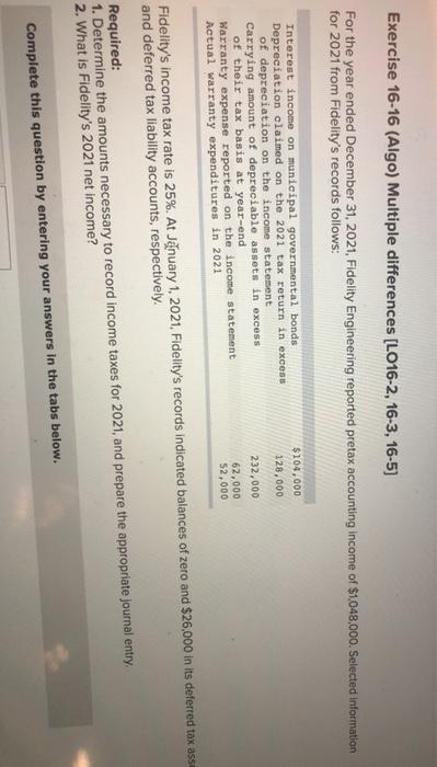  Exercise 16-16 (Algo) Multiple differences (L016-2, 16-3, 16-5) For the year