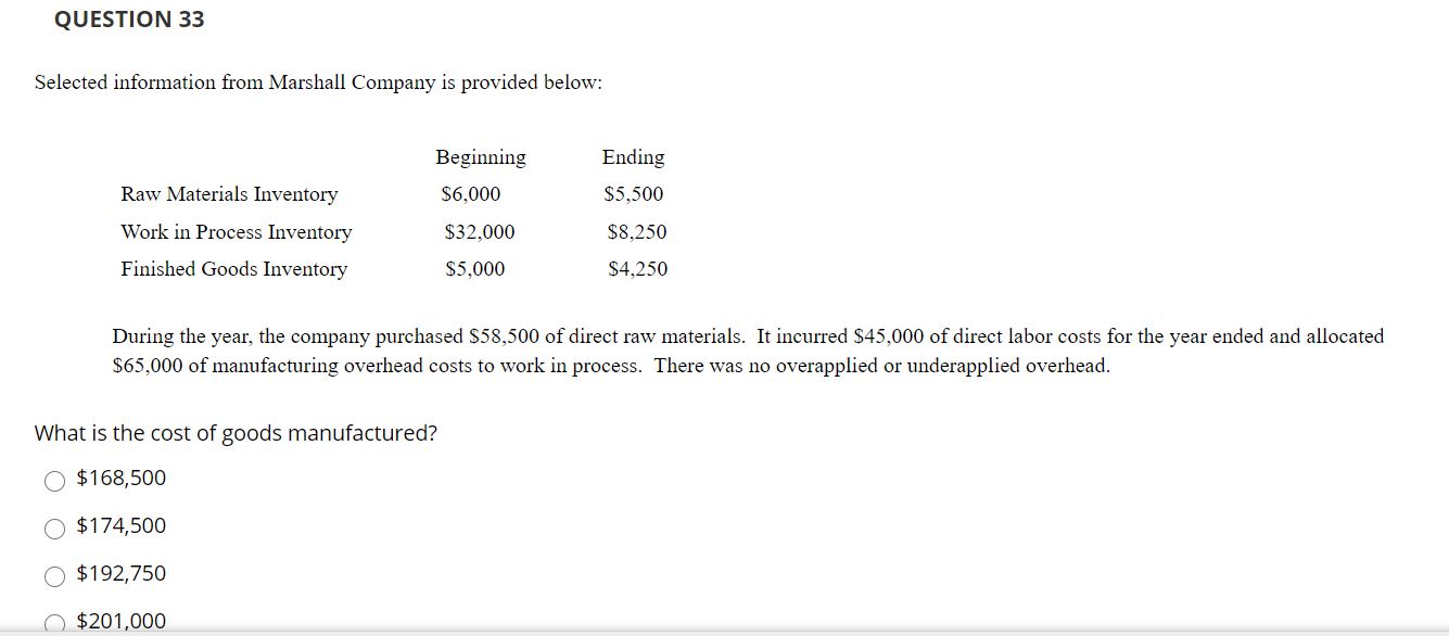 QUESTION 33 Selected information from Marshall Company is provided below: Beginning