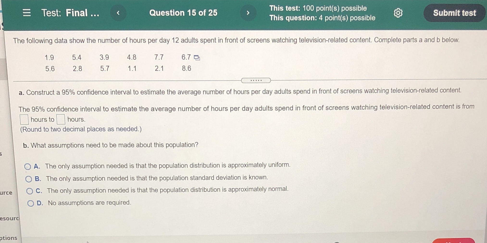 This test: 100 point(s) possible @3 This question: 4 point(s) possible