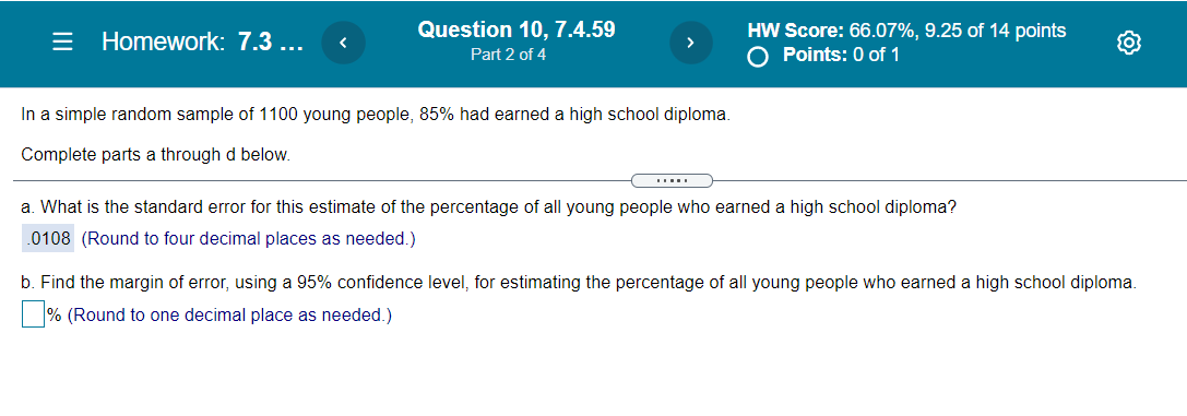 Question 10, 7.4.59 Homework: 7.3 Part 2 of 4 HW Score: 66.07%,