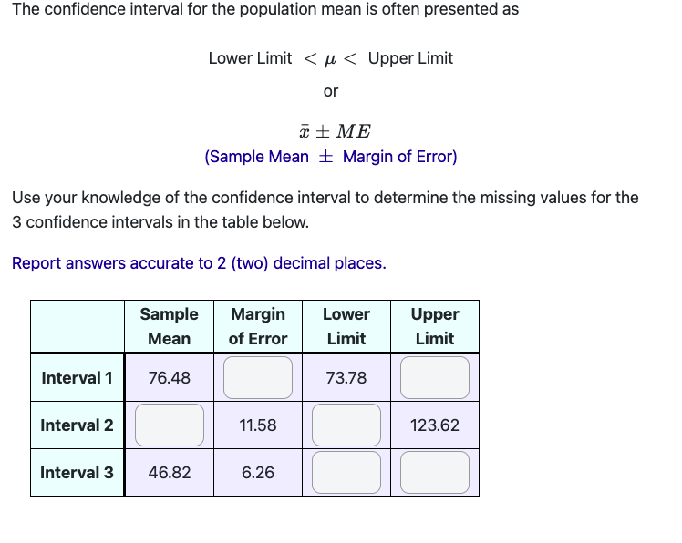 The confidence interval for the population mean is often presented as Lower