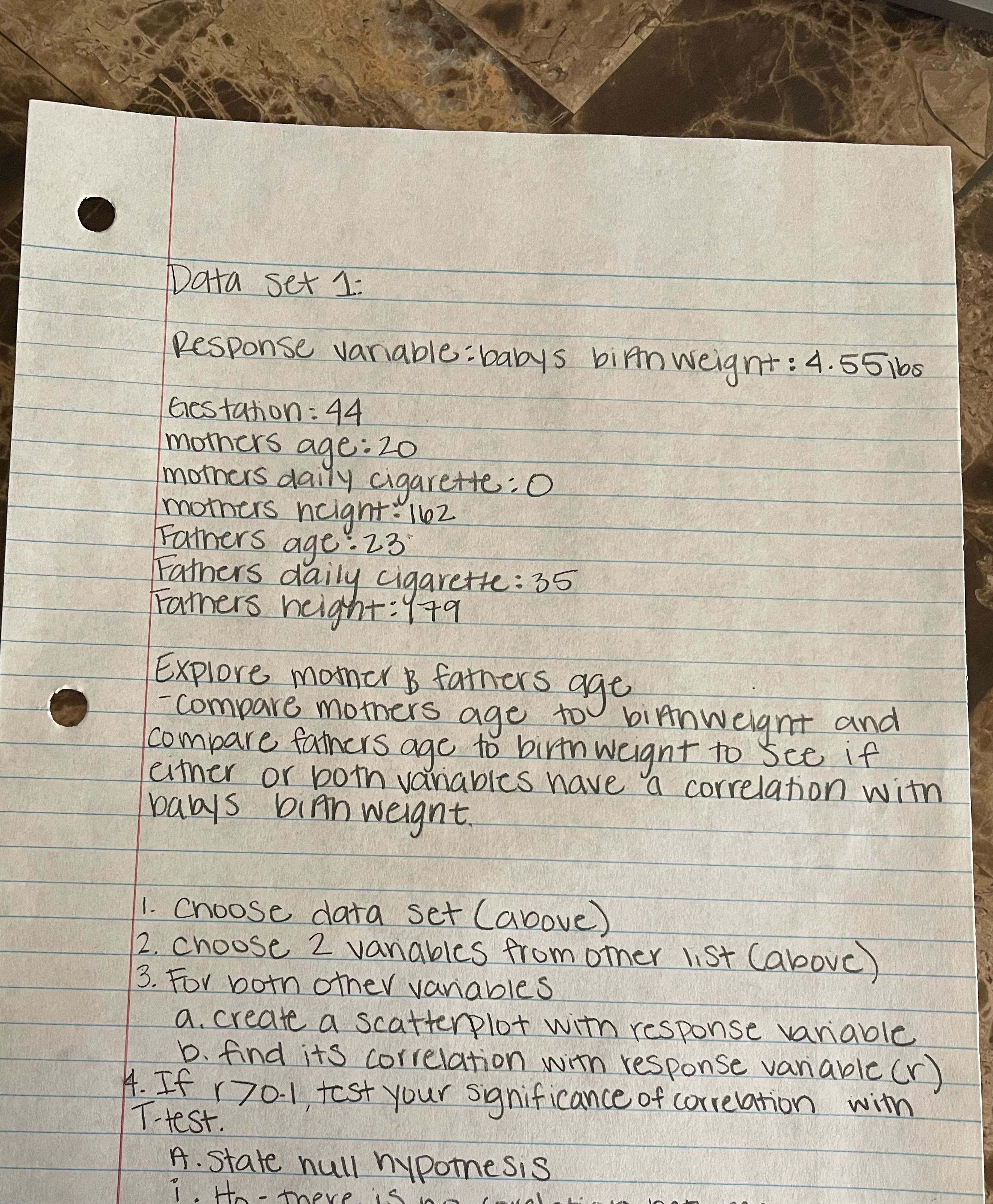 Data set 1: Response variable : babys birth weight : 4.55ibs