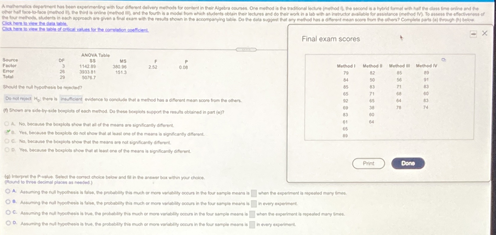  A mathematics department has been experimenting with four different delivery methods