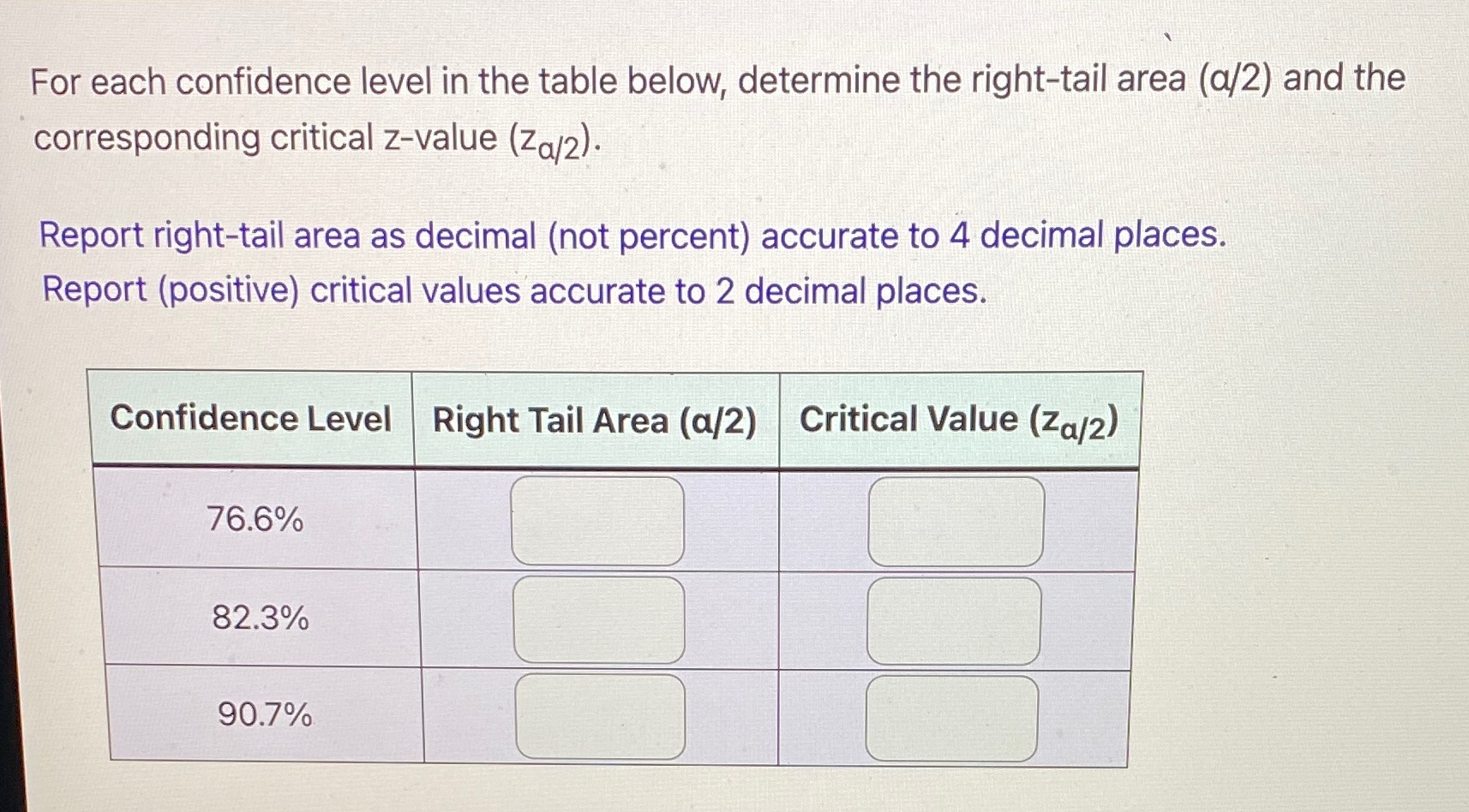 For each confidence level in the table below, determine the right-tail