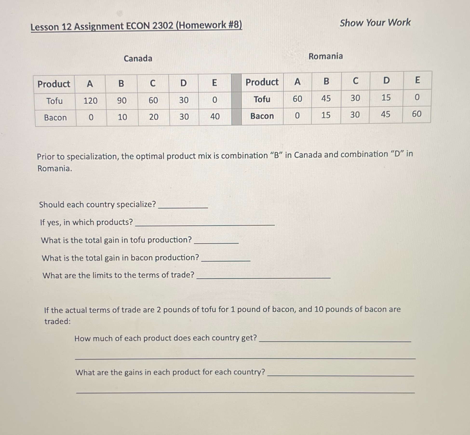  Lesson 12 Assignment ECON 2302 (Homework #8) Show Your Work Canada