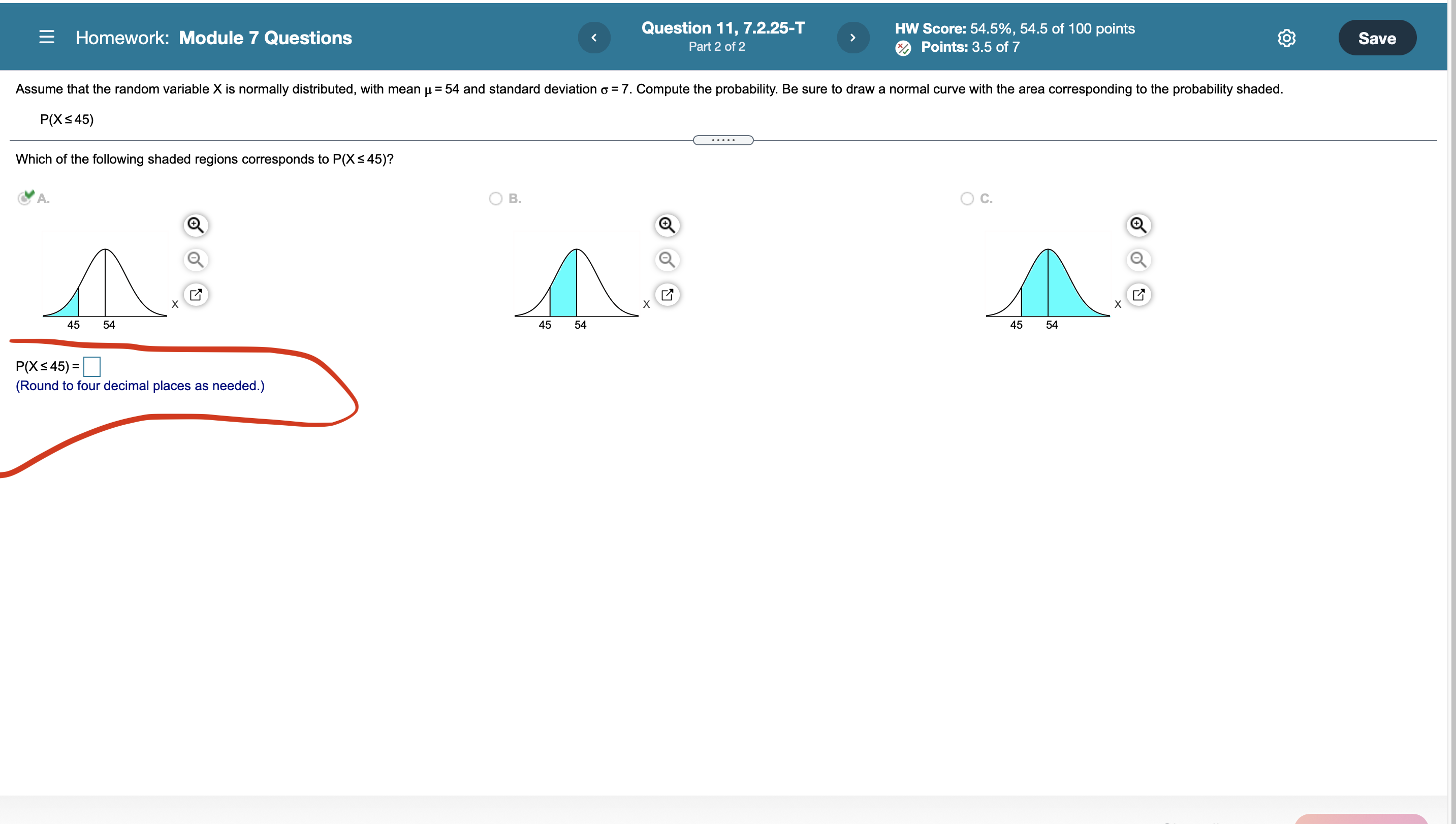 Homework: Module 7 Questions Question 11, 7.2.25-T HW Score: 54.5%, 54.5
