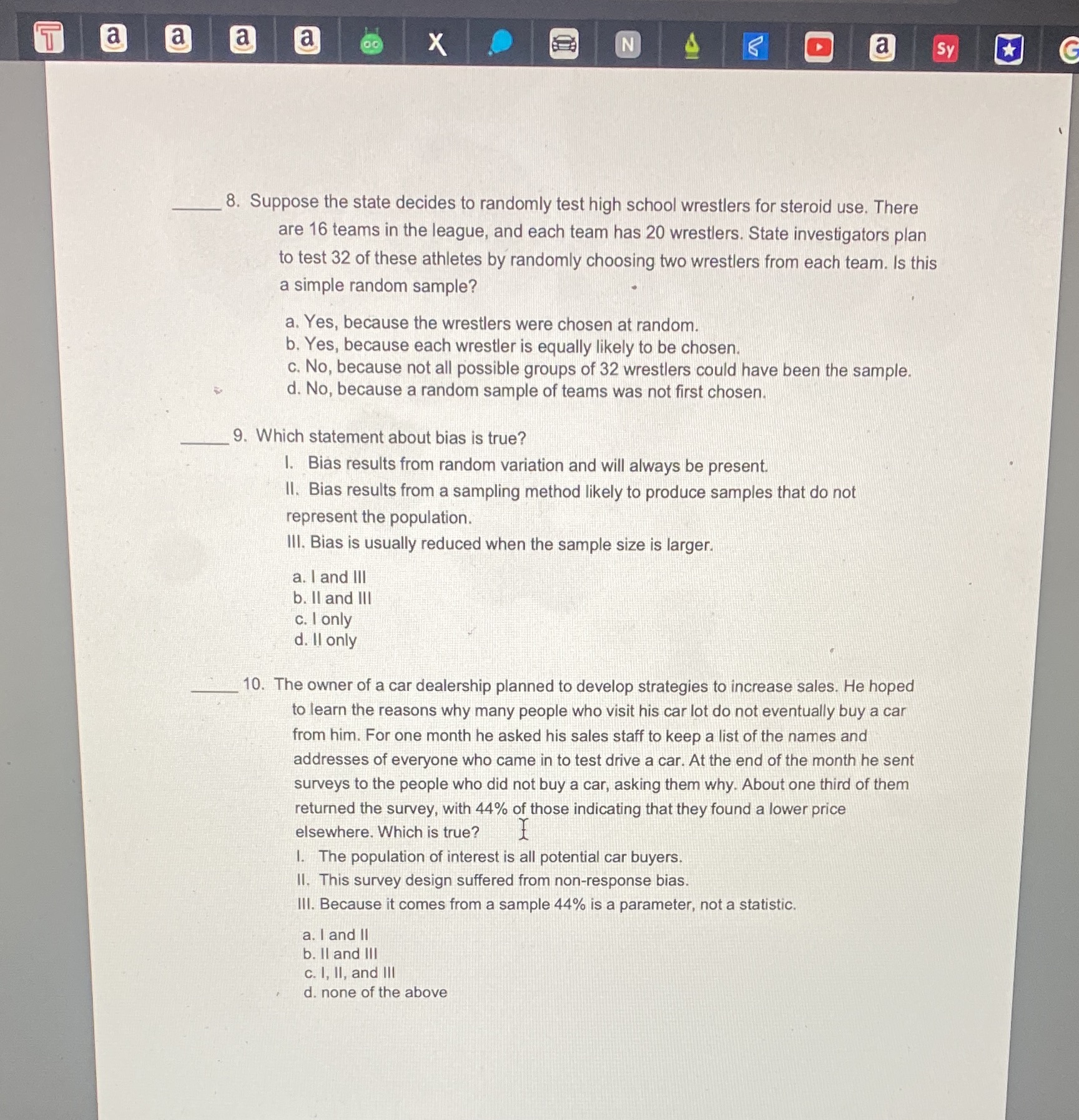 8. Suppose the state decides to randomly test high school wrestlers