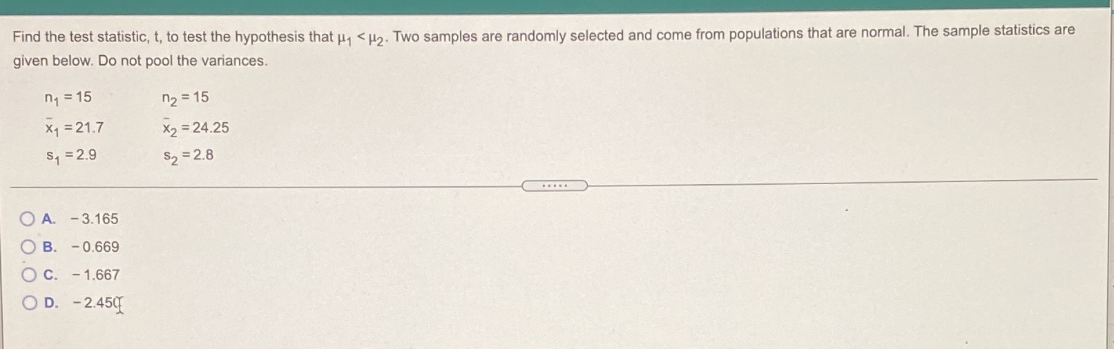 Find the test statistic, t, to test the hypothesis that < P2.