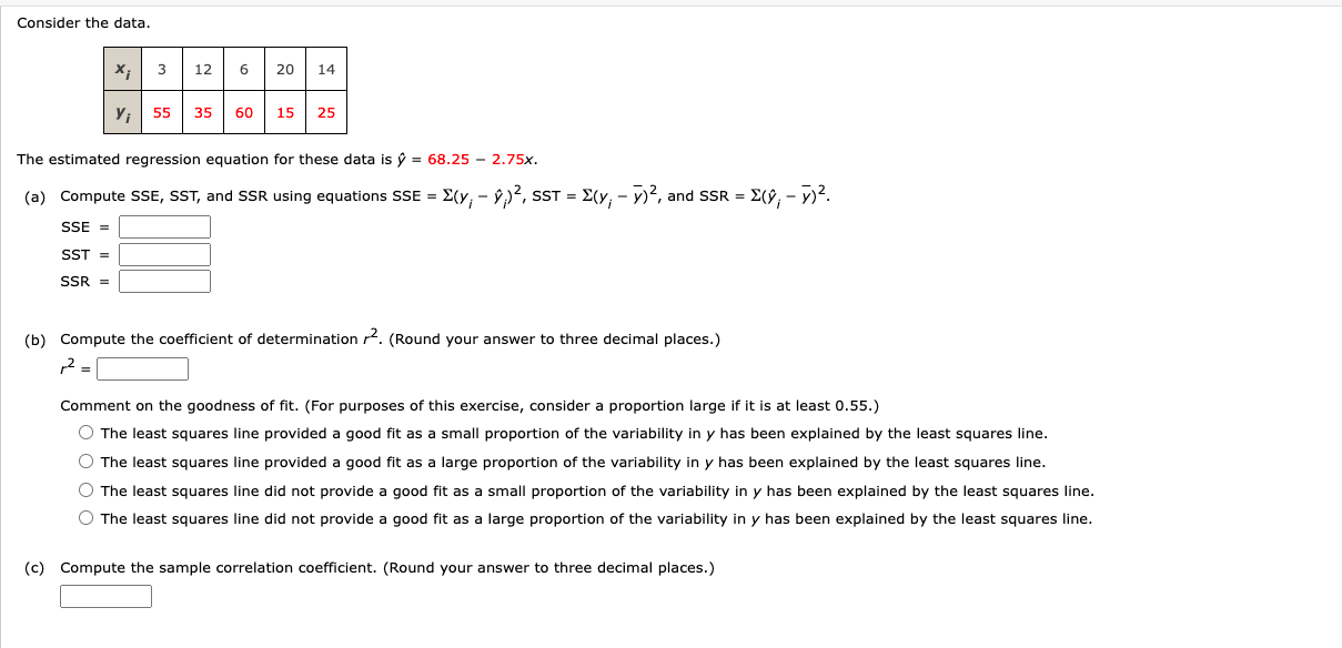  Consider the data. X; 3 12 6 20 14 y; 55