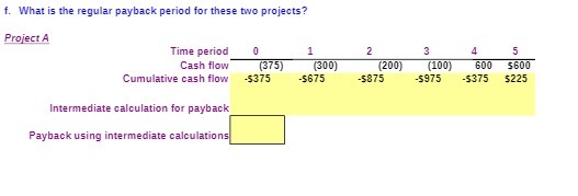 f. What is the regular payback period for these two projects?