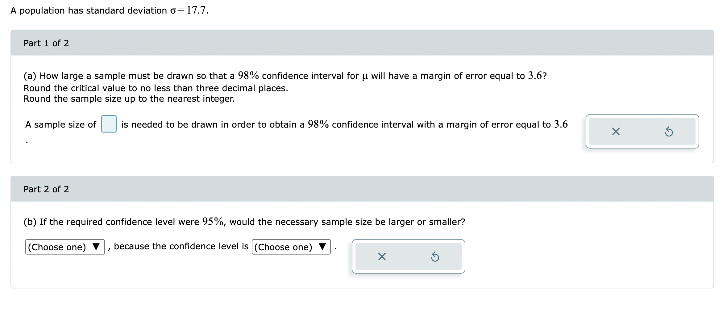 A population has standard deviation o = 17.7. Part 1 of