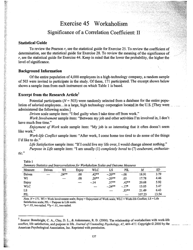 practice sheet. Exercise 45 Workaholicm: Significance of a Correlation Coefficient: II 10.