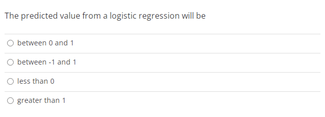  The predicted value from a logistic regression will be 0 between
