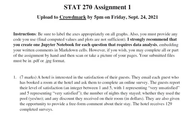  STAT 270 Assignment 1 Upload to Crowdmark by 5pm on Friday,