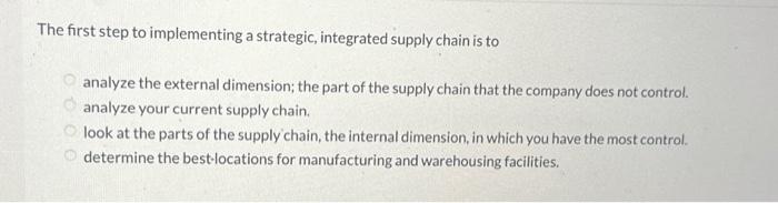  The first step to implementing a strategic, integrated supply chain is