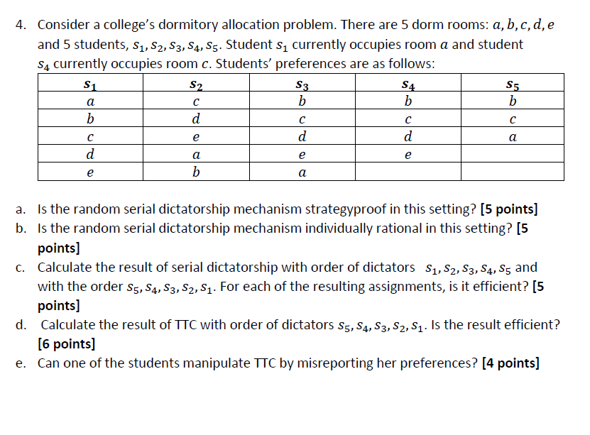 QUestion 4 Economic matching 4. Consider a college's dormitory allocation problem. There