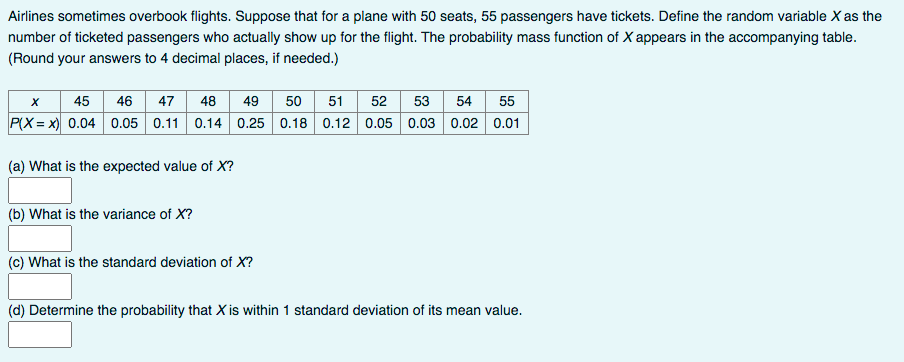 Stats help needed Airlines sometimes overbook flights. Suppose that for a plane