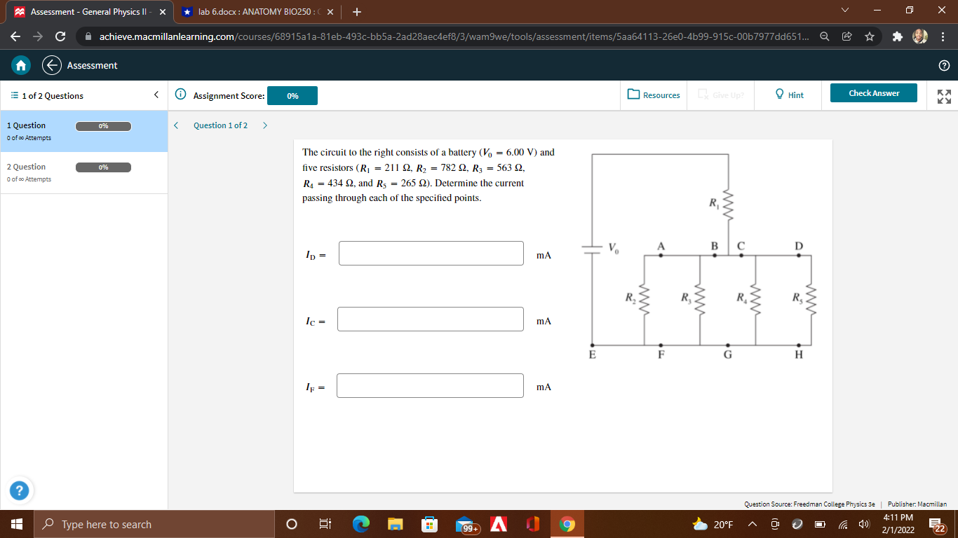  Assessment - General Physics II - *lab 6.docx : ANATOMY BIO250