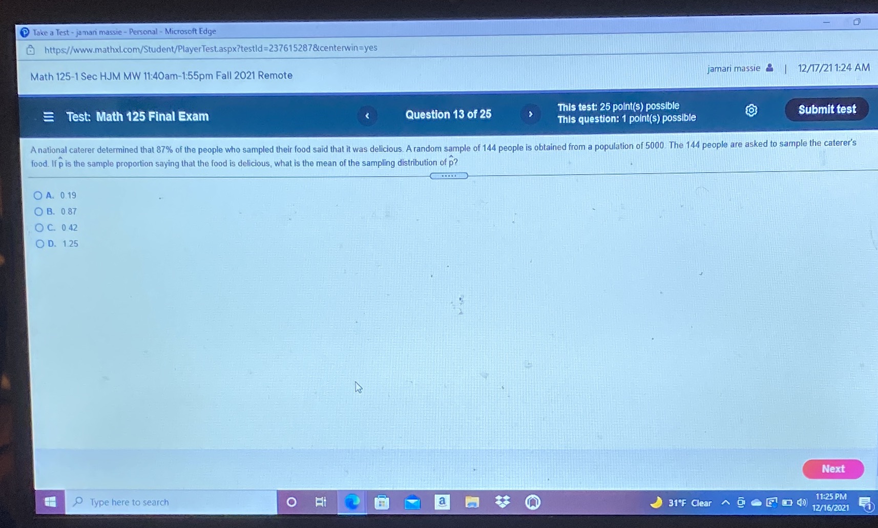  Take a Test - jamari massie - Personal - Microsoft Edge