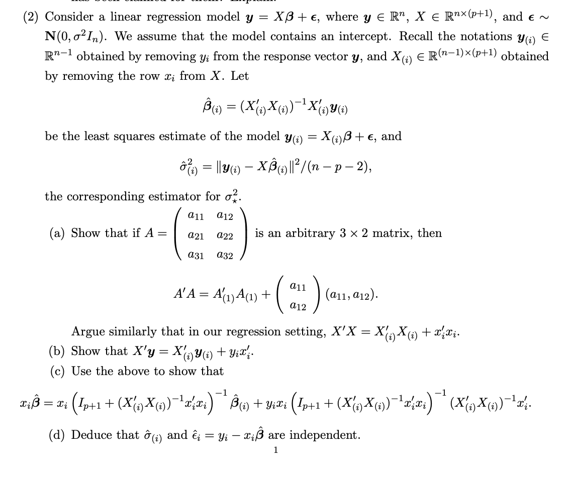  (2) Consider a linear regression model y = XB + ,