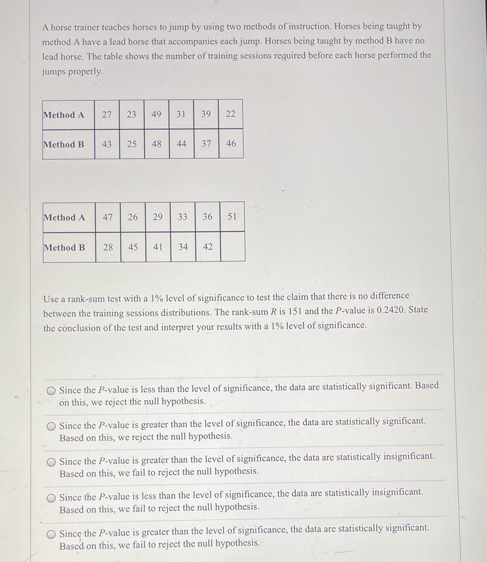 A horse trainer teaches horses to jump by using two methods