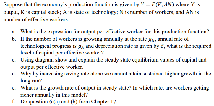 Suppose that the economy's production function is given by Y =