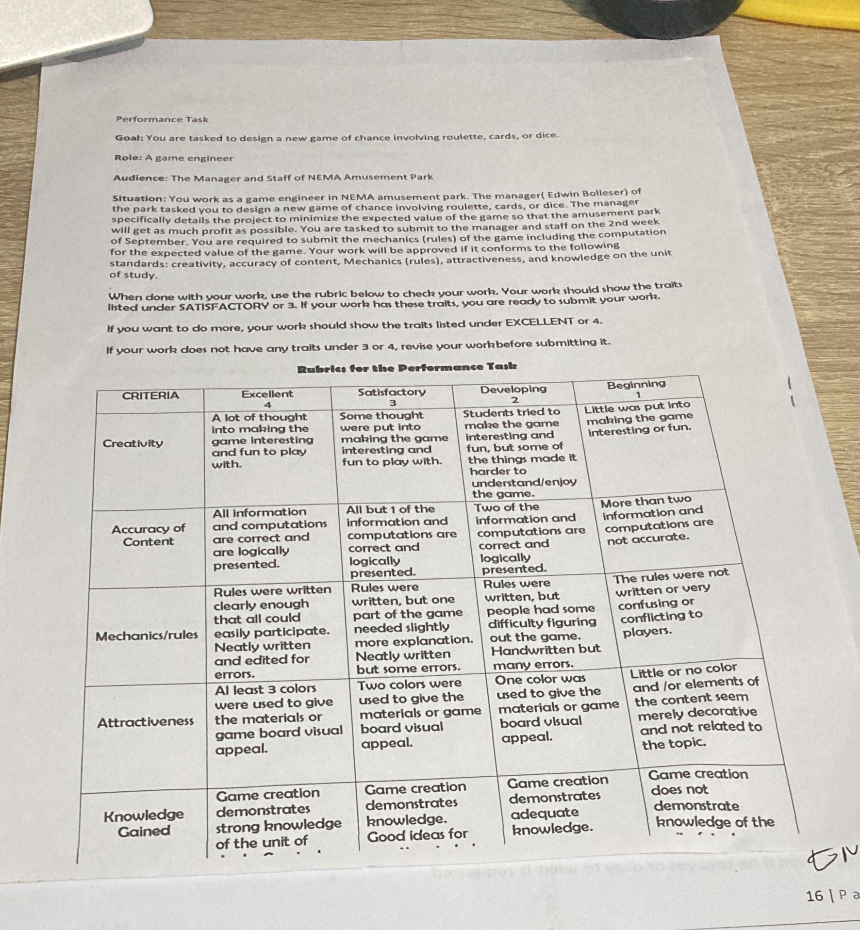  Performance Task Goal: You are tasked to design a new game