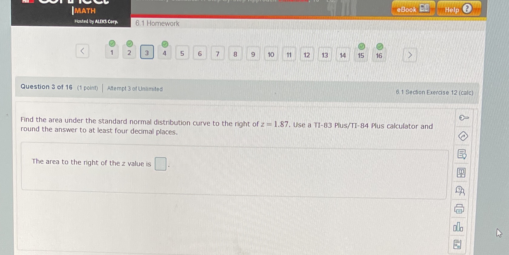 eBook Help |MATH Hosted by ALEKS Corp. 6.1 Homework 2 A