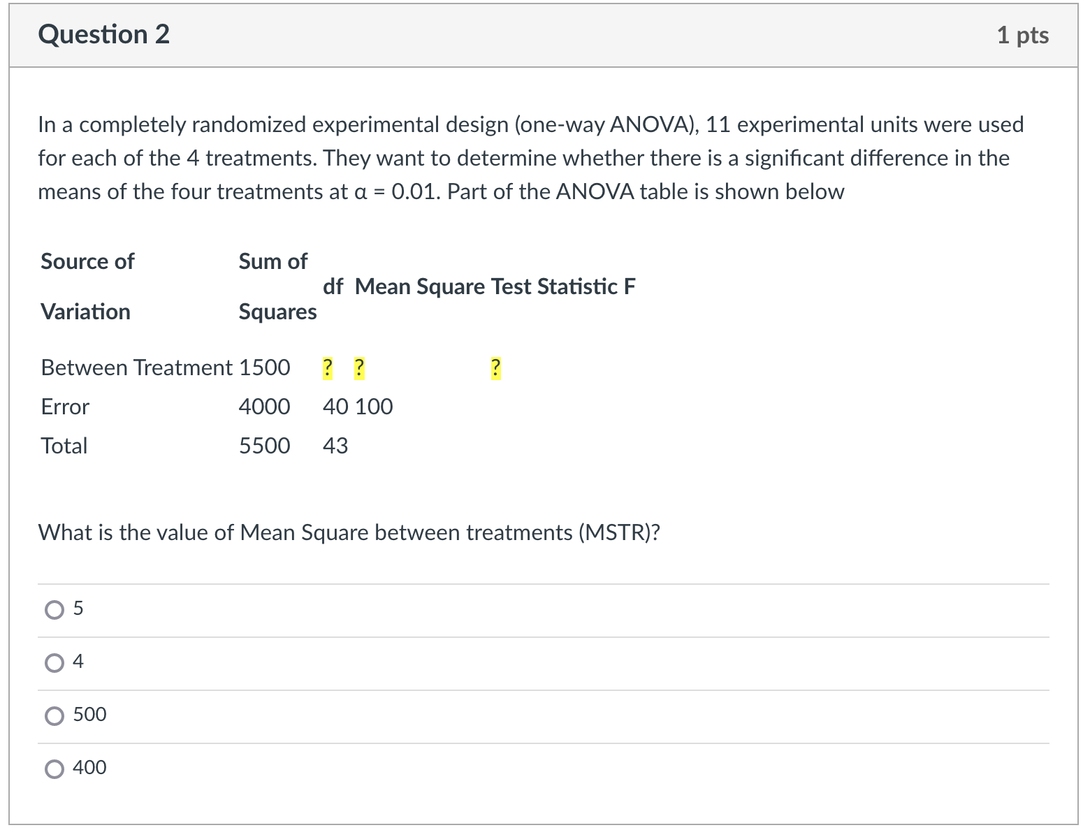 Question 2 1 pts In a completely randomized experimental design (one-way