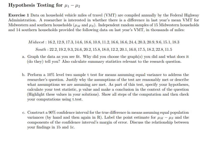  Hypothesis Testing for #1 - /2 Exercise 1 Data on household