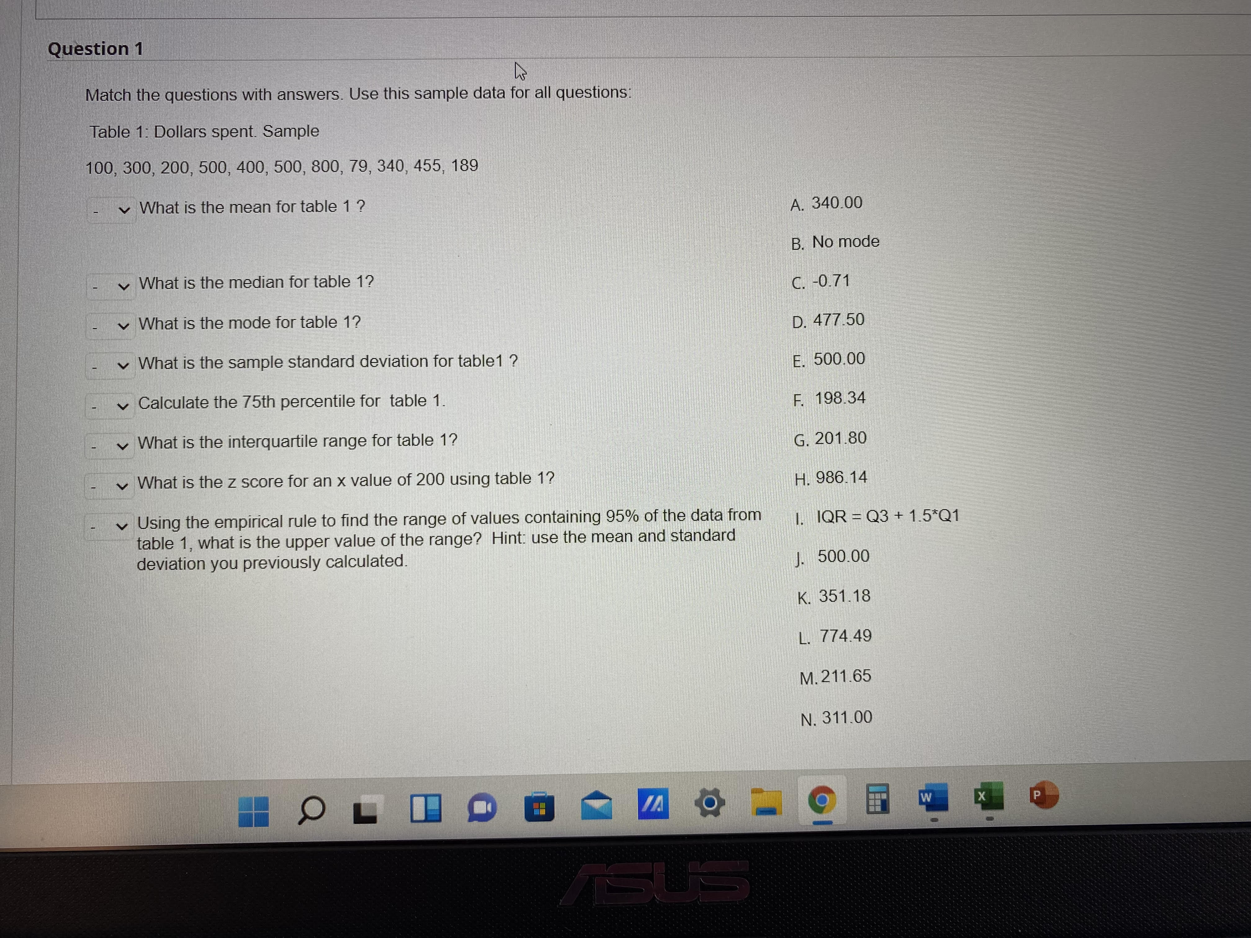 Question 1 Match the questions with answers. Use this sample data