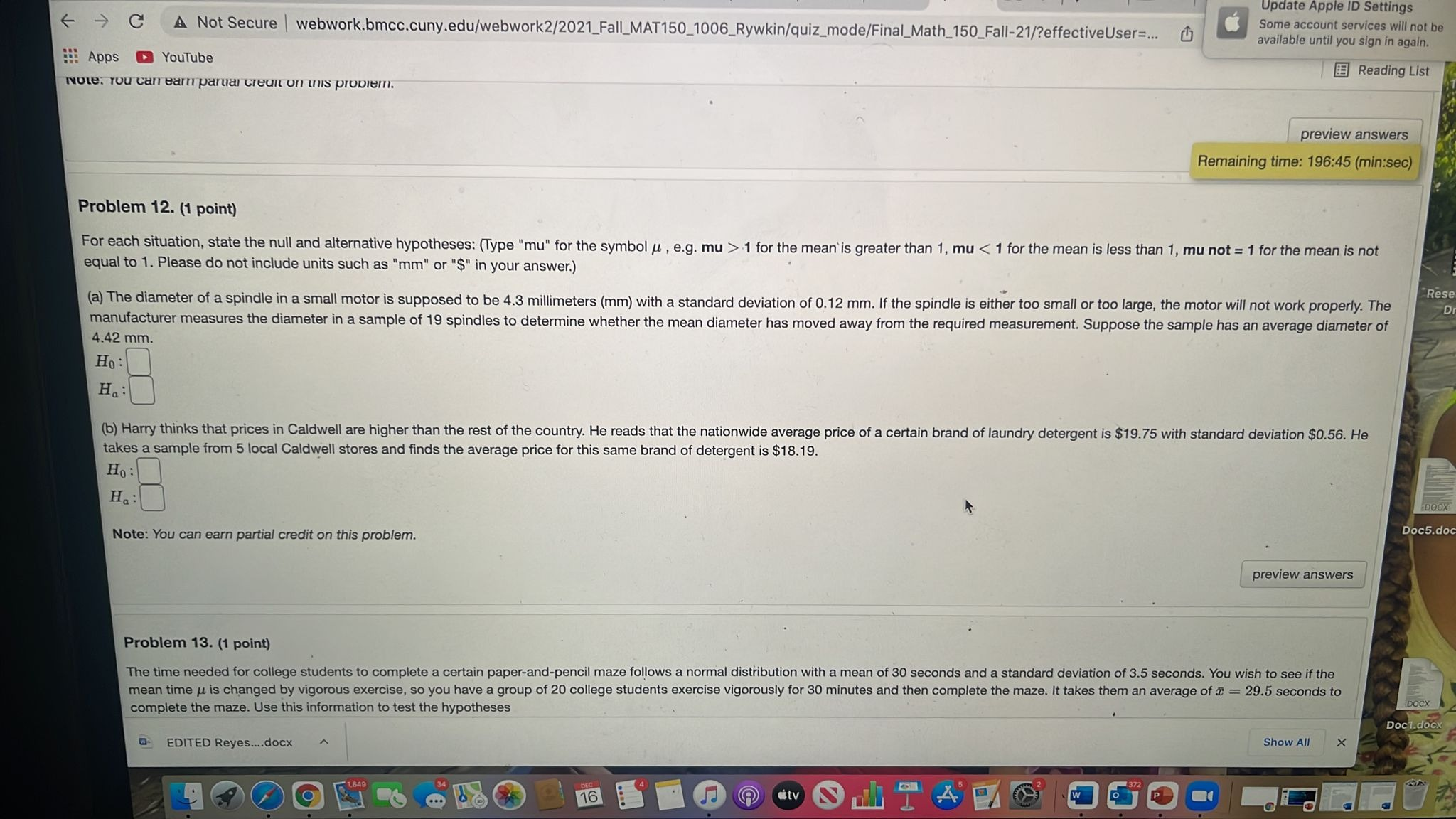 Update Apple ID Settings C A Not Secure | webwork.bmcc.cuny.edu/webwork2/2021_Fall_MAT150_1006_Rywkin/quiz_mode/Final_Math_150_Fall-21/?effectiveUser=... Some