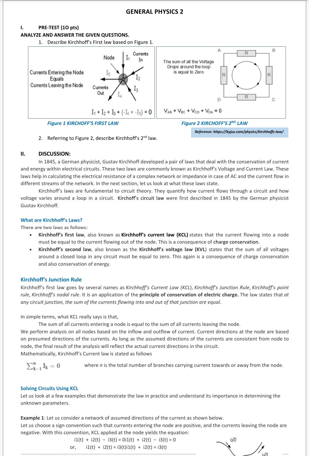 GENERAL PHYSICS 2 I. PRE-TEST {1o phi) ANALYZE AND ANSWER THE