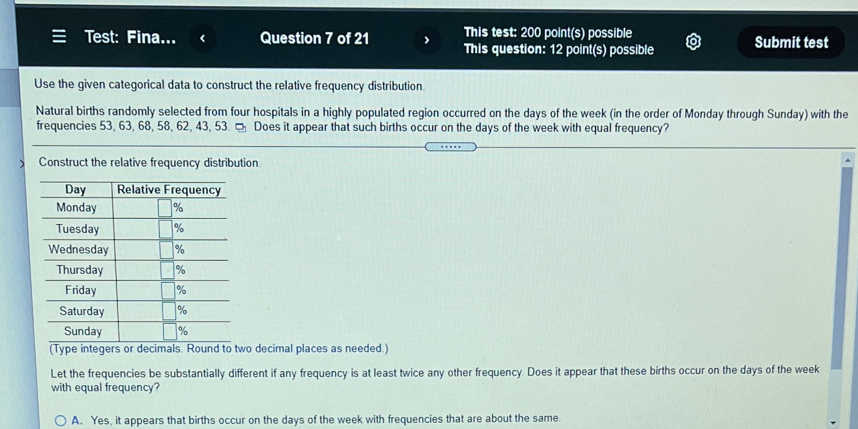  : . - . This test: 200 point(s) possrble . _