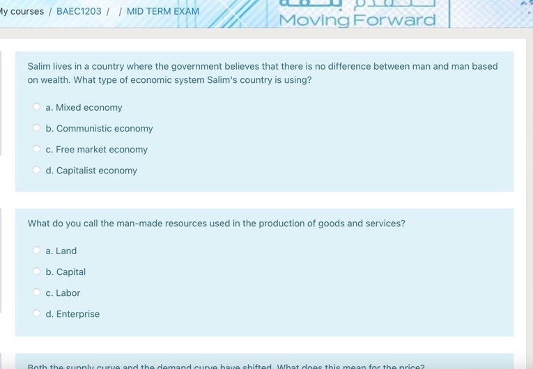 What is the correct answer? ly courses / BAEC1203 / / MID