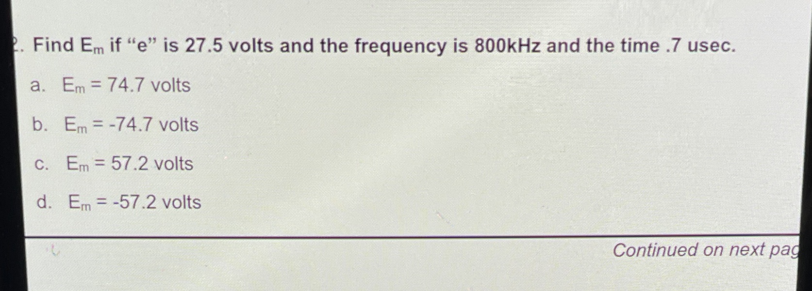Find Em if "e" is 27.5 volts and the frequency is