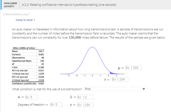  CHALLENGE ACTIVITY 6.2.2: Relating confidence intervals to hypothesis testing (one sample).