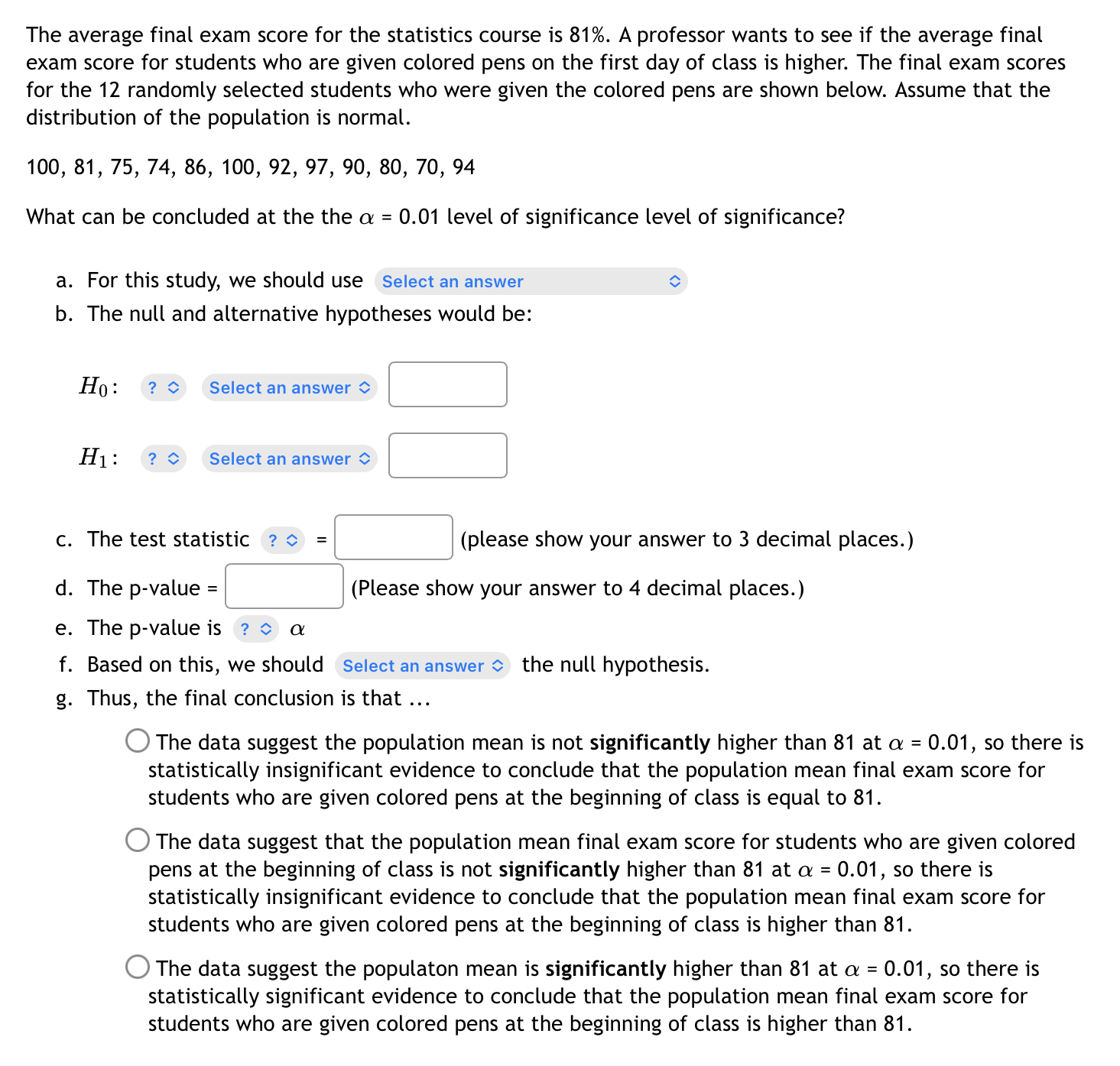 The average final exam score for the statistics course is 81